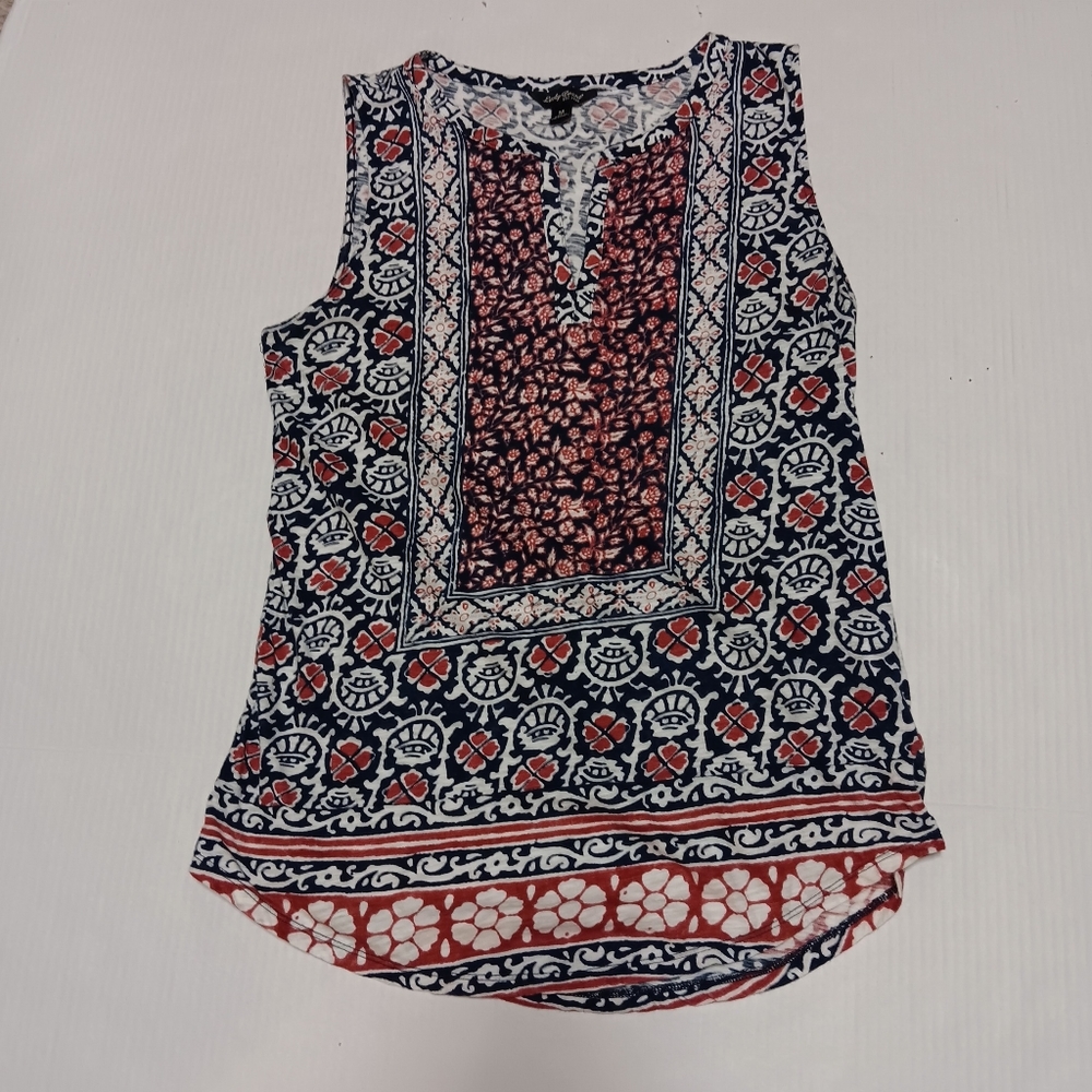 LUCKY BRAND cotton modal print split neck sleeveless knit top, M